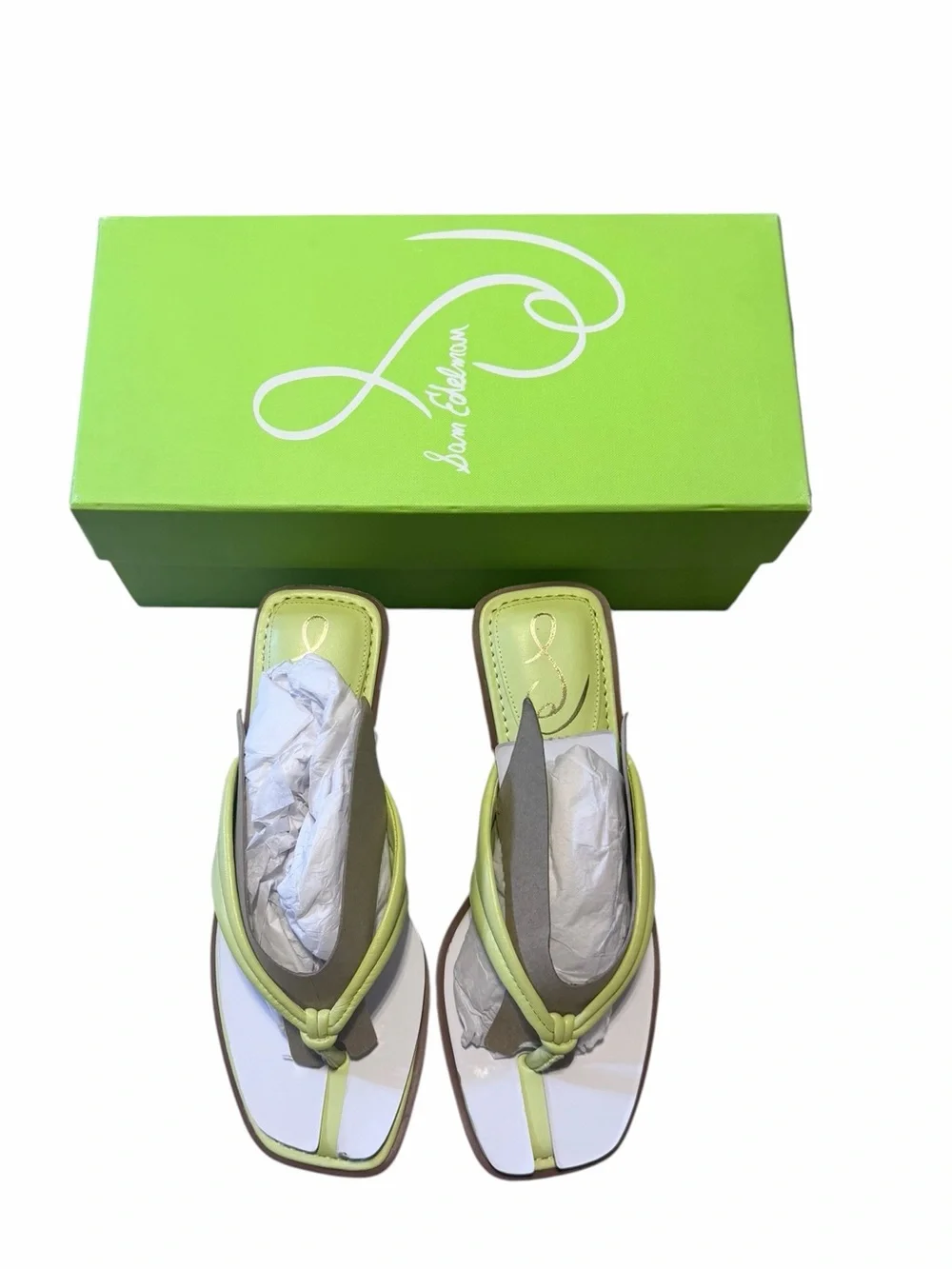 🌟🌼 NIB SAM EDELMAN DAPHNEY KIWI LEATHER Lime Green Thong Kitten Heel Sandals - Picture 7 of 9